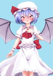 Rule 34 | 1girl, ascot, bat wings, blouse, blue background, blue hair, blush, bow, brooch, collared shirt, commentary, enikuma, frilled skirt, frilled sleeves, frills, half-closed eyes, hand on own chest, hat, hat ribbon, highres, jewelry, large bow, looking at viewer, medium skirt, mob cap, open mouth, red ascot, red bow, red eyes, remilia scarlet, ribbon, ribbon-trimmed sleeves, ribbon trim, shirt, short hair, simple background, skirt, skirt set, smile, solo, standing, touhou, white hat, white shirt, white skirt, wings, wristband