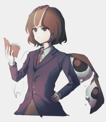 Rule 34 | 1other, androgynous, atoymk, book, brown hair, business suit, collared shirt, formal, headgear, highres, holding, holding book, kokutenshi hibaru, len&#039;en, necktie, open book, red eyes, red necktie, shirt, short hair, solo, suit, white shirt, wings