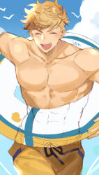 Rule 34 | 1boy, abs, arm up, bara, bird wings, blonde hair, blue sky, blush, closed eyes, cloud, cloudy sky, cowboy shot, granblue fantasy, green eyes, higashigunkan, large pectorals, light, male focus, muscular, muscular male, navel, official alternate costume, open mouth, pants, partially colored, pectorals, shirt, short hair, simple background, sky, smile, solo, summer, swimsuit, topless male, vane (granblue fantasy), vane (summer) (granblue fantasy), white background, wings