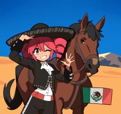 Rule 34 | 1girl, absurdres, arm up, black jacket, blue sky, desert, drill hair, grin, hand on headwear, hashtag-only commentary, hat, highres, horse, jacket, kasane teto, mariachi, mexican clothes, mexican flag, navel, osa (osavocaloid), outdoors, pants, red eyes, red hair, ribbon, sand, shirt, sky, smile, twin drills, utau, white ribbon, white shirt, worldwide miku