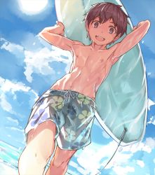 Rule 34 | 1boy, armpits, arms up, blue eyes, blue male swimwear, blue sky, blue swim trunks, brown hair, carrying overhead, cloud, day, dutch angle, floral print, groin, holding, holding surfboard, looking at viewer, male focus, male swimwear, nayoshi (r-744), nipples, original, outdoors, print male swimwear, print swim trunks, print swimsuit, short hair, sky, smile, solo, surfboard, swim trunks, swimsuit, walking, wet