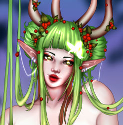 Rule 34 | 1girl, belly, berry, breasts, bug, butterfly, earrings, forest, green eyes, green hair, highres, horns, insect, jewelry, leaf, lixsium, long hair, nature, navel, nipples, nude, original, pointy ears, red lips, self-upload
