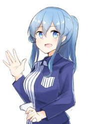 Rule 34 | 1girl, absurdres, barcode scanner, blue eyes, blue hair, blue shirt, commentary request, cowboy shot, employee uniform, gotland (kancolle), hair between eyes, highres, kantai collection, lawson, long hair, looking at viewer, mole, mole under eye, ponytail, sakikumo (sakumo), shirt, simple background, solo, striped clothes, striped shirt, uniform, waving, white background