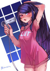 Rule 34 | adjusting hair, arm above head, armpits, black hair, blush, breasts, clothes writing, commentary, hair dryer, hakai no ika, highres, jill stingray, long hair, looking to the side, medium breasts, night, off shoulder, open mouth, pink shirt, red eyes, see-through, see-through shirt, shirt, sky, slut shirt, standing, star (sky), starry sky, va-11 hall-a, wet, window