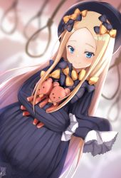 Rule 34 | 1girl, abigail williams (fate), black bow, black dress, black hat, blonde hair, blue eyes, blurry, blurry background, blush, bow, bug, butterfly, closed mouth, commentary request, depth of field, dress, dutch angle, fate/grand order, fate (series), hair bow, hands in opposite sleeves, hat, highres, hugging object, insect, long hair, long sleeves, looking at viewer, maosame, noose, orange bow, parted bangs, polka dot, polka dot bow, rope, smile, solo, stuffed animal, stuffed toy, teddy bear, very long hair