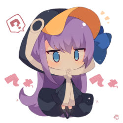 Rule 34 | 1girl, ?, absurdly long hair, animal hood, black jacket, black thighhighs, blue bow, blue eyes, blush, bow, chibi, closed mouth, commentary request, fate/grand order, fate (series), full body, hair between eyes, highres, hood, hood up, hooded jacket, jacket, long hair, meltryllis, meltryllis (fate), meltryllis (swimsuit lancer) (fate), meltryllis (swimsuit lancer) (first ascension) (fate), muuran, penguin hood, purple hair, signature, simple background, solo, spoken question mark, standing, thighhighs, very long hair, white background