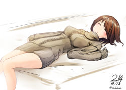 Rule 34 | 10s, 1girl, 2014, bad id, bad pixiv id, bottomless, breasts, brown hair, casual, dated, closed eyes, hyuuga (kancolle), kantai collection, knees together feet apart, long sleeves, lying, medium breasts, nekobaka, no pants, on back, ribbed sweater, short hair, sketch, sleeping, sleeves past wrists, solo, sweater, taut clothes, twitter username, white background