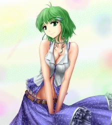 Rule 34 | 1girl, alternate hairstyle, bare shoulders, belt, breasts, cleavage, frills, frog hair ornament, gradient background, green eyes, green hair, hair ornament, hater (hatater), head tilt, highres, kochiya sanae, looking at viewer, matching hair/eyes, midriff, navel, non-web source, shirt, short hair, skirt, sleeveless, smile, snake, solo, touhou, upskirt
