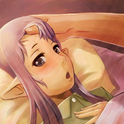 Rule 34 | 00s, 1girl, bed, blush, elf, elvaan, final fantasy, final fantasy xi, hand on another&#039;s head, open mouth, pillow, pointy ears, portrait, prishe, purple eyes, purple hair, sick, solo focus, sweat, tara baka ni, under covers