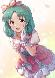 Rule 34 | absurdres, blush, breasts, brown eyes, commentary, dot nose, dress, earrings, flipped hair, frilled ribbon, frills, gloves, gradient background, green hair, hand up, heart, heart earrings, heart necklace, highres, idolmaster, idolmaster million live!, jewelry, leaning forward, medium breasts, medium hair, necklace, open mouth, parted bangs, petticoat, pink dress, plaid, plaid dress, puffy short sleeves, puffy sleeves, ribbon, short sleeves, shuucream (syuichi), smile, solo, tokugawa matsuri, white gloves