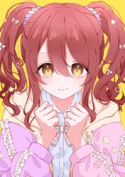 Rule 34 | 1girl, brown eyes, clenched hands, collared shirt, dress shirt, hair between eyes, highres, idolmaster, idolmaster shiny colors, jacket, minorin, open clothes, open jacket, osaki tenka, red hair, shirt, sidelocks, simple background, solo, twintails, white shirt, yellow background