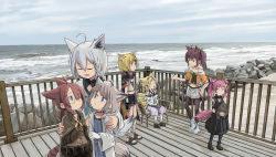 Rule 34 | 6+girls, ahoge, animal ears, arknights, armchair, beach, blonde hair, blunt bangs, braid, brown hair, cat ears, cat girl, cat tail, chair, choker, commentary, crossover, detached sleeves, hugging doll, english commentary, extra ears, fence, fox ears, fox girl, fox tail, full body, glasses, green eyes, grey eyes, grey hair, hair between eyes, hairband, hand on another&#039;s shoulder, height difference, highres, hololive, horizon, kemonomimi mode, kitsune, kyuubi, light brown hair, long hair, long sleeves, looking at another, midriff, multiple girls, multiple tails, myrrh (arknights), natsuiro matsuri, natsuiro matsuri (1st costume), navel, hugging object, ocean, pleated skirt, rock, shamare (arknights), shirakami fubuki, shirakami fubuki (1st costume), short hair, short sleeves, side ponytail, sidelocks, single braid, sitting, sixten, skirt, sleeveless, standing, stuffed fox, sussurro (arknights), suzuran (arknights), tail, trait connection, twintails, vermeil (arknights), virtual youtuber, white hair, wooden floor