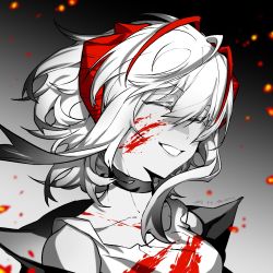 Rule 34 | 1girl, :d, arknights, bare shoulders, blood, blood on face, choker, closed eyes, collarbone, facing viewer, fengchaoqu, gradient background, grey background, grey theme, highres, horns, multicolored hair, official alternate costume, open mouth, parted lips, portrait, red hair, short hair, signature, smile, solo, spot color, tank top, two-tone hair, w (arknights)