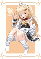Rule 34 | 1girl, :3, alternate costume, apron, azur lane, bache (azur lane), bandaid, bandaid on knee, bandaid on leg, blonde hair, character name, choker, detached sleeves, eagle union (emblem), enmaided, fang, frills, hair ornament, heart, heart-shaped pupils, heart hair ornament, highres, knees up, leg warmers, long hair, looking at viewer, maid, maid headdress, marimo daifuku, ok sign, open mouth, red choker, sitting, skin fang, solo, star (symbol), star hair ornament, symbol-shaped pupils, two side up, white apron, yellow eyes