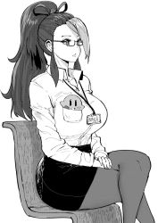 Rule 34 | 1girl, black skirt, borrowed character, breasts, character name, collared shirt, commentary, commission, crossed legs, dyed bangs, english commentary, expressionless, feet out of frame, glasses, greyscale, halftone, high ponytail, highres, id card, kirby, kirby (series), lanyard, large breasts, long hair, long sleeves, looking away, miniskirt, monochrome, multicolored hair, name tag, nintendo, norman maggot, office lady, original, pantyhose, pencil skirt, phayla (mr december206), shirt, sidelocks, simple background, sitting, skirt, solo, two-tone hair, white background, white shirt