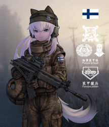 Rule 34 | 1girl, animal ears, assault rifle, blue eyes, brown gloves, camouflage, camouflage jacket, camouflage pants, chinese text, fang zhenjun, finland, finnish army, finnish flag, finnish text, gloves, green headwear, gun, headset, helmet, holding, holding gun, holding weapon, jacket, knit hat, long hair, long sleeves, magazine (weapon), combat helmet, original, outdoors, pants, rifle, scope, smile, standing, tactical clothes, tail, translated, weapon, white hair