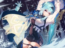 Rule 34 | 1girl, arms up, bibisuka, blue hair, blue necktie, bodystocking, breasts, cape, center opening, cowboy shot, eula (genshin impact), genshin impact, hairband, highres, holding, holding sword, holding weapon, leotard, long sleeves, medium breasts, necktie, parted lips, solo, sword, thigh strap, thighhighs, weapon