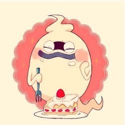 Rule 34 | 10s, blush, cake, closed eyes, eating, food, food on face, fork, fruit, ghost, no humans, pibacocoa, plate, purple lips, simple background, solo, sparkle, strawberry, strawberry shortcake, traditional youkai, whisper (youkai watch), youkai watch