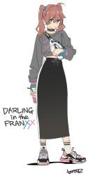 Rule 34 | 10s, 1girl, alternate costume, bag, balenciaga, brown hair, choker, darling in the franxx, flat color, full body, miku (darling in the franxx), pencil skirt, shoes, shoulder bag, simple background, skirt, sneakers, socks, solo, standing, streetwear, tarou2, twintails, white background