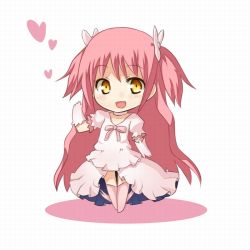 Rule 34 | 10s, 1girl, alternate hairstyle, binsen, boots, bow, chibi, hair bow, kaname madoka, long hair, magical girl, mahou shoujo madoka magica, mahou shoujo madoka magica (anime), open mouth, pink footwear, pink hair, smile, solo, twintails, two side up, ultimate madoka, yellow eyes