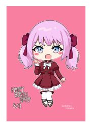 Rule 34 | 1girl, :d, assault lily, belt, belt buckle, blue eyes, blush, border, bow, bowtie, brown footwear, brown sailor collar, buckle, character name, chibi, clenched hands, commentary, frilled skirt, frilled sleeves, frills, full body, hair bow, hand up, happy birthday, high-waist skirt, highres, juliet sleeves, kanba girls high school uniform, long hair, long sleeves, looking at viewer, mary janes, miniskirt, open mouth, outline, pink hair, puffy sleeves, red background, red belt, red bow, red shirt, red skirt, sadamori himeka, sailor collar, school uniform, serafuku, shirt, shoes, simple background, skirt, smile, standing, thigh bow, thighhighs, twintails, white border, white bow, white bowtie, white outline, white thighhighs, yui (yui1115 )