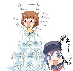 Rule 34 | 10s, 2girls, akatsuki (kancolle), brown hair, chibi, crying, cup, drinking glass, flat cap, gale kawaii, hair ornament, hairclip, hat, ikazuchi (kancolle), inazuma (kancolle), kantai collection, long hair, multiple girls, open mouth, purple eyes, purple hair, short hair, stacking, surprised, tears, wavy mouth, what, aged down