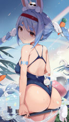 Rule 34 | 1girl, animal ear fluff, animal ears, artist request, ass, ass support, bare shoulders, blue hair, blue one-piece swimsuit, blush, braid, breasts, come hither, food-themed hair ornament, from behind, hair ornament, hairband, highres, hololive, long hair, looking at viewer, medium breasts, multicolored hair, naughty face, one-piece swimsuit, orange eyes, rabbit ears, rabbit girl, rabbit tail, shiny clothes, shiny skin, sideboob, silver hair, smile, solo, swimsuit, tail, twin braids, twintails, two-tone hair, usada pekora, very long hair, virtual youtuber, water