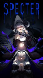 Rule 34 | 2girls, :d, absurdres, arknights, bare shoulders, black dress, breasts, character name, closed mouth, dark background, detached sleeves, dress, dual persona, dun ji, habit, half-closed eyes, hand on another&#039;s shoulder, highres, large breasts, light, long hair, long sleeves, looking at viewer, looking away, looking down, multiple girls, nun, open mouth, own hands clasped, own hands together, red eyes, sharp teeth, shoulder strap, silver hair, smile, specter (arknights), specter the unchained (arknights), teeth, upper body, very long hair, white headwear