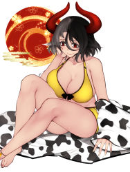 Rule 34 | 1girl, animal ears, animal print, ankle bell, anklet, aoshima, bare shoulders, bell, black bow, black hair, blush, bow, breasts, cleavage, closed eyes, collarbone, colored eyelashes, commentary request, cow ears, cow horns, cow print, crop top, egasumi, feet, fingernails, floral print, full body, gold, grey hair, hair between eyes, hand on own face, haori, haori removed, highres, horns, japanese clothes, jewelry, large breasts, looking past viewer, multicolored hair, petal print, pink lips, plump, red eyes, red horns, red sun, short shorts, shorts, sitting, skindentation, smile, solo, spiral, split-color hair, tank top, thighs, toenails, toes, touhou, underwear, ushizaki urumi, yellow shorts, yellow tank top