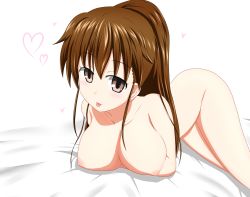 Rule 34 | 1girl, bad anatomy, breasts, brown eyes, brown hair, female focus, heart, highres, long hair, looking at viewer, lying, nipples, nude, on stomach, ponytail, poorly drawn, smile, solo, taneshima popura, tom-ani, tongue, tongue out, working!!