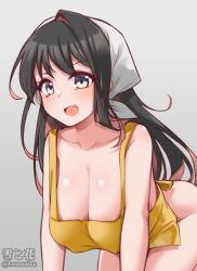 Rule 34 | 1girl, apron, artist name, black hair, blush, breasts, cleavage, collarbone, fang, head scarf, kantai collection, large breasts, long hair, multicolored hair, naganami (kancolle), naked apron, one-hour drawing challenge, open mouth, pink hair, smile, solo, twitter username, white headwear, yellow apron, yellow eyes, yuki to hana