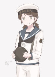Rule 34 | 1girl, alternate costume, black neckerchief, blue sailor collar, brown eyes, canteen, cowboy shot, hat, hikashima (shiofune), holding, kantai collection, looking at viewer, low twintails, medium hair, neckerchief, pants, sailor, sailor collar, sailor hat, sailor shirt, shirayuki (kancolle), shirt, short twintails, simple background, solo, twintails, white background, white hat, white pants