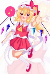 Rule 34 | 1girl, absurdres, ascot, back bow, blonde hair, blush, bow, breasts, buttons, collared shirt, crystal, eighth note, fang, flandre scarlet, frilled shirt collar, frilled skirt, frills, full body, hair between eyes, hat, hat ribbon, highres, iris (airisu495), kneehighs, large bow, long hair, looking at viewer, mary janes, mob cap, multicolored wings, musical note, one side up, open mouth, outstretched arm, outstretched hand, puffy short sleeves, puffy sleeves, red eyes, red footwear, red ribbon, red skirt, red vest, ribbon, shirt, shoes, short sleeves, skin fang, skirt, skirt set, small breasts, socks, solo, spoken musical note, touhou, vest, white background, white hat, white shirt, white socks, wings, yellow ascot, zoom layer