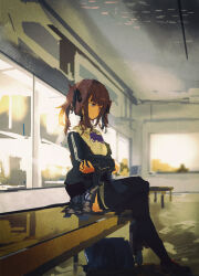 Rule 34 | 1girl, arms under breasts, bag, black jacket, black ribbon, black thighhighs, blue skirt, blurry, blurry background, bow, bowtie, brown hair, cevio, closed mouth, collared shirt, commentary request, film grain, from side, frown, full body, furrowed brow, glaring, hair ribbon, highres, indoors, jacket, kabuyama kaigi, long sleeves, looking ahead, medium hair, mole, mole under eye, natsuki karin, on bench, open clothes, open jacket, pleated skirt, purple bow, purple bowtie, purple eyes, ribbon, school bag, school uniform, shirt, shoes, sitting, skirt, solo, synthesizer v, thighhighs, twintails, unworn bag, waiting, white shirt