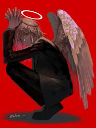 Rule 34 | 1boy, akuta vi, angel devil (chainsaw man), angel wings, black footwear, black jacket, black necktie, black pants, brown hair, chainsaw man, collared shirt, eyes visible through hair, feathered wings, formal, hair between eyes, halo, highres, jacket, long hair, looking at viewer, necktie, own hands together, pants, red background, shirt, shirt tucked in, sideways glance, simple background, solo, squatting, suit, suit jacket, twitter username, white shirt, white wings, wings