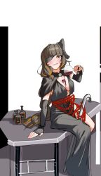 Rule 34 | 1girl, alcohol, black dress, brown eyes, brown hair, cup, dress, drinking glass, eyepatch, girls&#039; frontline, highres, looking at viewer, m16a1 (blazer of the trail) (girls&#039; frontline), m16a1 (girls&#039; frontline), open mouth, sitting, smile, wine, wine glass
