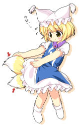 Rule 34 | 1girl, :&lt;, aged down, blonde hair, blush, child, dress, flying sweatdrops, fox tail, hat, hat with ears, multiple tails, pila-pela, shadow, short hair, simple background, socks, solo, tabard, tail, touhou, white background, white dress, yakumo ran, yellow eyes
