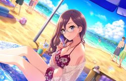Rule 34 | 6+boys, 6+girls, annindoufu (oicon), beach, bikini, blue sky, blush, breasts, brown hair, cleavage, collarbone, cup, disposable cup, dutch angle, earrings, extra, faceless, faceless female, faceless male, feet out of frame, floral print, grey-framed eyewear, head tilt, idolmaster, idolmaster cinderella girls, idolmaster cinderella girls starlight stage, jewelry, juice, lace, lace-trimmed shirt, lace trim, light smile, looking at viewer, lotion bottle, mat, medium breasts, multiple boys, multiple girls, official art, parasol, purple eyes, red bikini, see-through, see-through shirt, semi-rimless eyewear, shirt, sitting, sky, solo focus, sparkle, swimsuit, umbrella, wavy hair, yagami makino