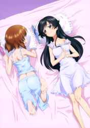 Rule 34 | 10s, 2girls, absurdres, ahoge, ass, barefoot, bed sheet, black eyes, black hair, body blush, breasts, brown eyes, brown hair, camisole, cleavage, closed mouth, collarbone, feet, frilled pillow, frills, girls und panzer, highres, huge ahoge, interlocked fingers, isuzu hana, knees together feet apart, long hair, looking at another, lying, medium breasts, multiple girls, nightgown, nishizumi miho, off shoulder, official art, on back, on stomach, pillow, purple nightgown, short hair, sideways mouth, small breasts, smile, soles, sugimoto isao, swept bangs, toes, very long hair, yoshida nobuyoshi