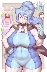 Rule 34 | 1girl, blue eyes, blue gloves, blue hair, border, breasts, cape, clair (pokemon), collarbone, commentary request, covered navel, cowboy shot, creatures (company), domaguri, game freak, gen 6 pokemon, gloves, goomy, hair between eyes, head tilt, huge breasts, light brown background, linea alba, looking at viewer, nintendo, open mouth, outline, outside border, poke ball, pokemon, pokemon (creature), pokemon masters ex, ponytail, sweat, thick thighs, thighs, translation request, tsurime, white border, white outline