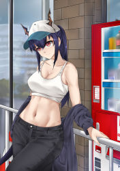 Rule 34 | 1girl, absurdres, alternate costume, arknights, bare shoulders, baseball cap, black pants, blue hair, blue jacket, breasts, casperrin, casual, ch&#039;en (arknights), cleavage, commentary, cowboy shot, crop top, dragon horns, english commentary, hair between eyes, hat, head tilt, highres, horns, horns through headwear, jacket, large breasts, long hair, midriff, navel, off shoulder, pants, red eyes, solo, sports bra, standing, stomach, thighs, vending machine, white hat