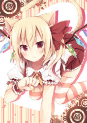 Rule 34 | 1girl, :3, all fours, animal ears, blonde hair, blush, bow, cat ears, cat girl, cat tail, embodiment of scarlet devil, female focus, flandre scarlet, hair bow, heart, kemonomimi mode, looking at viewer, nail art, nail polish, no headwear, paw pose, red eyes, short hair, side ponytail, skirt, smile, solo, striped clothes, striped thighhighs, tail, thighhighs, toosaka asagi, touhou, wings, wrist cuffs