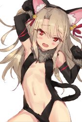 Rule 34 | 1girl, animal ears, animal hands, armpits, arms up, bare shoulders, bell, black gloves, black leotard, blonde hair, blush, breasts, cat ears, cat tail, center opening, elbow gloves, fate/kaleid liner prisma illya, fate (series), fur collar, gloves, hair ribbon, highleg, highleg leotard, highres, illyasviel von einzbern, illyasviel von einzbern (beast style), jingle bell, leotard, long hair, looking at viewer, navel, nishin (nsn 0822), official alternate costume, open mouth, paw gloves, red eyes, red ribbon, ribbon, simple background, small breasts, solo, tail, white background