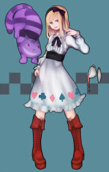 Rule 34 | 1girl, :d, absurdres, alice (alice in wonderland), alice in wonderland, blonde hair, blue background, blue eyes, boots, bow, cat, cheshire cat (alice in wonderland), cup, dress, grin, hair bow, hair ribbon, highres, knee boots, looking at viewer, nankaidools, open mouth, pigeon-toed, purple eyes, red footwear, ribbon, simple background, smile, striped, tea, teacup, teeth, thighhighs, zettai ryouiki