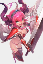 Rule 34 | 10s, 1girl, armor, armored boots, bikini, bikini armor, blue eyes, boots, breasts, cape, elizabeth bathory (brave) (fate), elizabeth bathory (fate), fangs, fate/extra, fate/extra ccc, fate/grand order, fate (series), from above, gauntlets, hair ribbon, highres, holding, holding sword, holding weapon, horns, lack, long hair, looking at viewer, loose bikini, navel, open mouth, oversized clothes, pauldrons, pink hair, pointy ears, red armor, red bikini, ribbon, shield, shoulder armor, sidelocks, small breasts, solo, spikes, sweat, swimsuit, sword, tail, thighhighs, tiara, vambraces, weapon