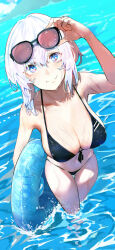 Rule 34 | 1girl, absurdres, bare arms, bare shoulders, bikini, black bikini, blue eyes, blush, braid, breasts, cleavage, closed mouth, collarbone, day, eyewear on head, front-tie bikini top, front-tie top, goggles, hair between eyes, hair ornament, halterneck, highres, holding, holding swim ring, innertube, large breasts, long hair, looking at viewer, navel, ocean, original, outdoors, shiabisu, smile, solo, standing, string bikini, sunglasses, swim ring, swimsuit, thighs, wading, water, wet, white hair