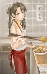 Rule 34 | 10s, 1girl, apron, brown hair, chopsticks, cloritin, cowboy shot, flat chest, food, from side, hair ribbon, highres, incoming food, kantai collection, long hair, naked apron, open mouth, pov, ribbon, solo, standing, towel rabbit, twintails, zuikaku (kancolle)