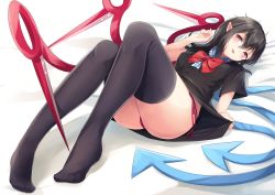 Rule 34 | 1girl, :p, ass, asymmetrical wings, bed sheet, black dress, black hair, black thighhighs, blue wings, blush, bow, bowtie, breasts, center frills, commentary request, dress, frills, full body, hair between eyes, hand up, head tilt, houjuu nue, igayan, knees up, long hair, looking at viewer, lying, medium breasts, no shoes, on back, panties, pointy ears, red bow, red bowtie, red eyes, red panties, red wings, shadow, short dress, short sleeves, side-tie panties, skirt hold, solo, thighhighs, thighs, tongue, tongue out, touhou, underwear, wings