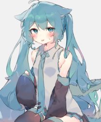 Rule 34 | 1girl, ahoge, animal ears, bad id, bad twitter id, black skirt, black thighhighs, blue eyes, blue hair, blue necktie, blush, cat ears, cat girl, detached sleeves, eyelashes, hair between eyes, hair ornament, hair strand, hatsune miku, highres, long hair, looking at viewer, necktie, otintin, pleated skirt, shirt, sidelocks, skirt, sleeveless, sleeveless shirt, solo, thighhighs, tongue, tongue out, twintails, vocaloid