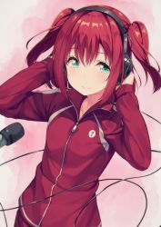 Rule 34 | 10s, 1girl, aqua eyes, bad id, bad twitter id, cable, commentary request, hair between eyes, hands on headphones, headphones, highres, jacket, kurosawa ruby, long sleeves, looking to the side, love live!, love live! sunshine!!, microphone, red hair, siva (executor), smile, solo, track jacket, two side up, upper body, zipper